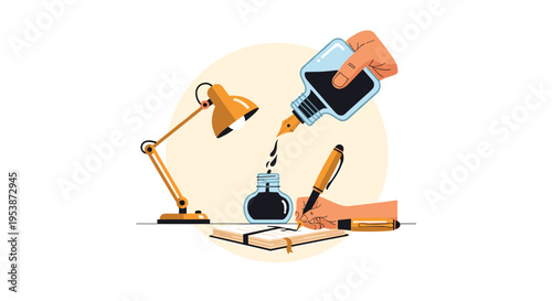 A hand refills an inkwell while another hand writes in a notebook with a fountain pen beside a desk lamp.
