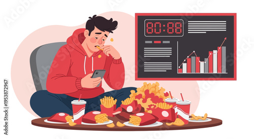 Young man eating unhealthy fast food while looking at phone.