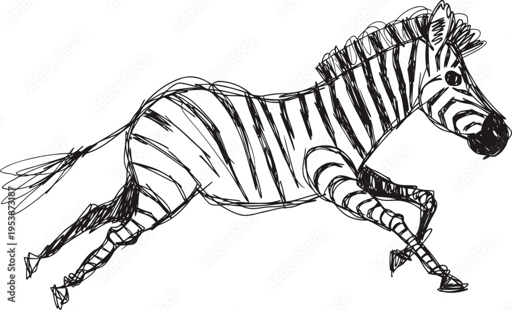 Fototapeta premium Running zebra illustration hand drawn wild african animal with stripes, maneuvering and galloping in nature