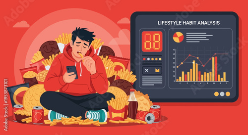 Young man surrounded by unhealthy food looking at phone.