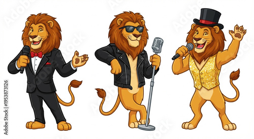 Three animated lion characters showcasing diverse entertainment outfits, each holding a microphone, representing various performing styles