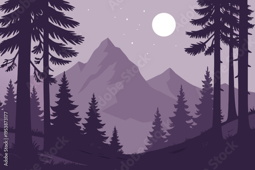 Silhouetted forest and mountains under a glowing purple moon