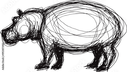 Hand drawn sketch of a hippopotamus animal outline with scribble black lines on white background