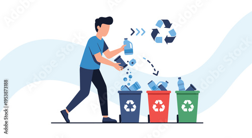 A man sorts plastic bottles into three colored recycling bins under a floating recycling symbol.