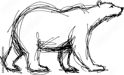 Abstract sketch of a walking bear in black ink lines on white background