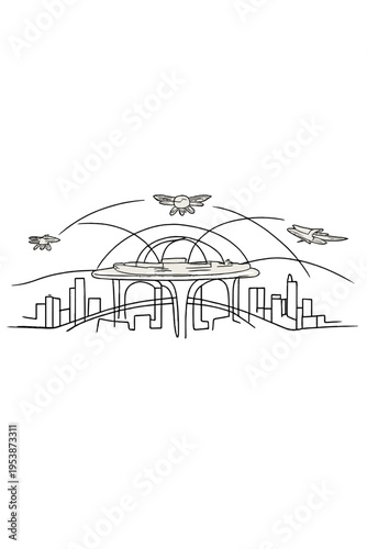 Drone City Hub. Future drone city hub. Minimalistic one-line drawing a bustling aerial port connecting