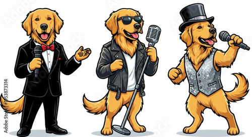 Golden Retrievers in stylish outfits and hats singing into microphones as performers