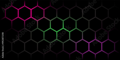 Dark hexagon abstract technology background with blue and green colored bright flashes under hexagon. Hexagonal gaming vector tech illustration black abstract background.