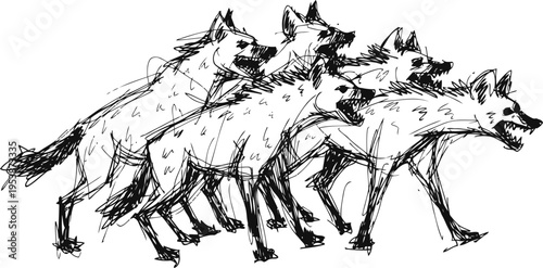 sketch of a pack of five wolves walking together in a dynamic group formation