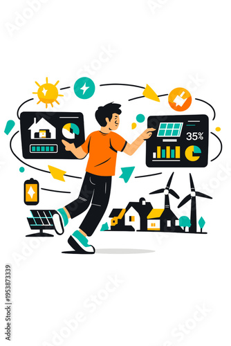 Smart Energy Interaction. Smart Energy Sharing. Person interacting with floating digital energy dashboards and