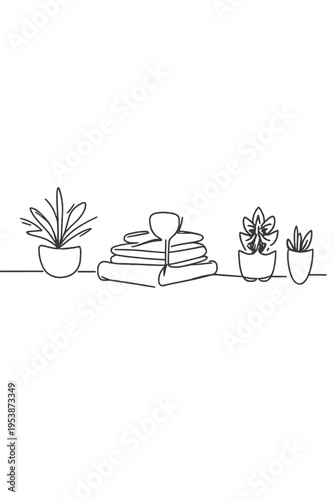 Minimalist Desk Illustration. Screen-free living. Minimalistic one-line drawing a desk with books and plants,