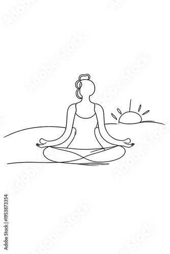 Sunrise Yoga Line Art. Mindful morning. Minimalistic one-line drawing a person practicing yoga at sunrise,