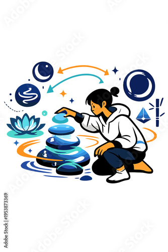 Holographic Zen Garden. Holographic Zen Garden. Person arranging floating glowing stones and abstract symbols