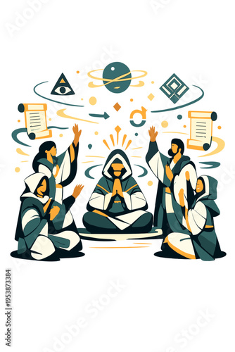 Futuristic Meditation Ceremony. Cyber Chanting Ceremony. People in futuristic robes with floating digital