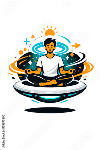 Floating Meditation Pods. Floating Meditation Pods. Person sitting in levitating pod with glowing digital aura