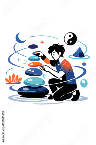 Holographic Zen Harmony. Holographic Zen Garden. Person arranging floating glowing stones and abstract symbols