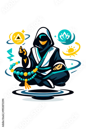 Futuristic Meditation Temple. Digital Meditation Halls. Person in futuristic robes with floating holographic