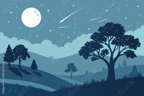 Serene nighttime landscape featuring a full moon and silhouetted trees