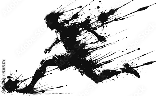 Dynamic soccer player kicking ball silhouette with artistic ink splatter effect in motion