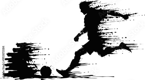 Silhouette of a soccer player kicking the ball with dynamic brush stroke effects