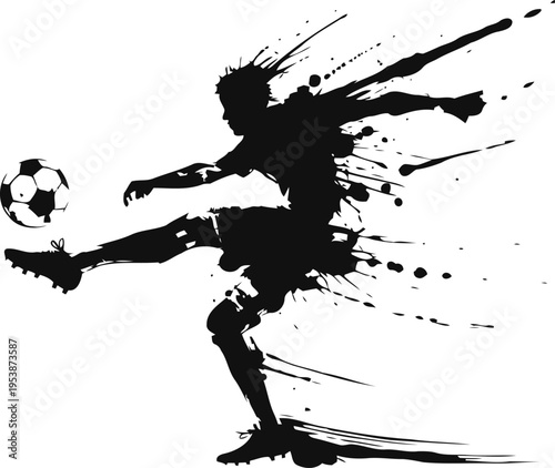 Dynamic soccer player silhouette kicking ball in splatter ink art on white background