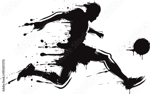 Dynamic soccer player kicking ball silhouette with splash paint effect, sports action illustration