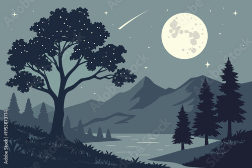 Fotografia Nighttime landscape with a full moon trees and mountain range