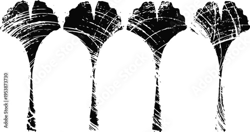 grunge black fan leaf silhouettes retro vintage textured botanical design with rough distress effect