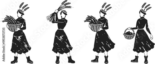 silhouettes of women in traditional dresses holding baskets and wheat sheaves harvesting grain