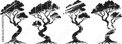 four stylized twisted bonsai trees silhouettes in black ink with foliage, artistic nature design