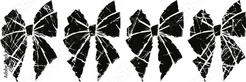 Grunge cracked butterfly silhouettes in row, distressed black ink design on white background