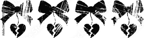 stylized black bows and broken hearts romantic love and heartbreak symbols, grunge texture design elements