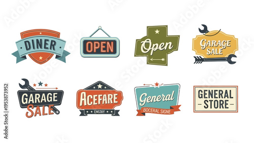Retro Vintage Signs Collection: Diner, Open, Garage Sale, General Store