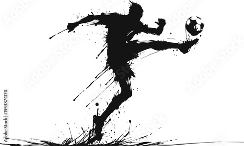 dynamic soccer player kicking ball silhouette with artistic splatter brush stroke effect