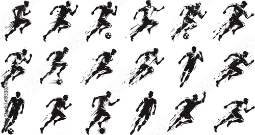 Dynamic soccer player silhouettes in various running and kicking poses, sports motion concept