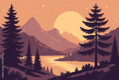 Canvas Print Silhouette of pine trees and mountains under a glowing moon