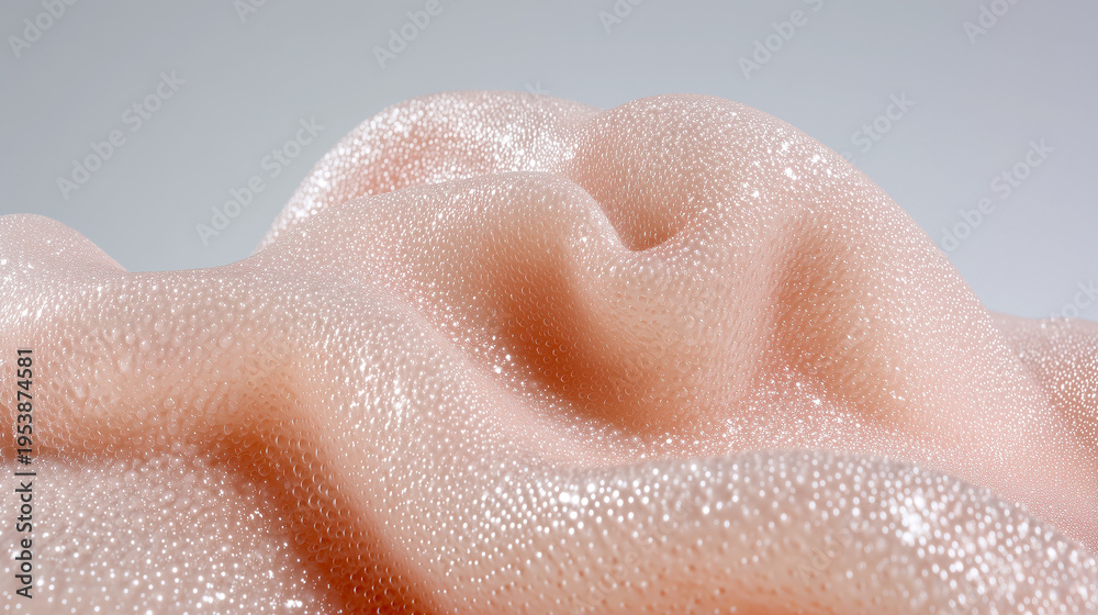 Fototapeta premium Artificial skin translucent biomaterial macro, soft wavy peach pink porous cellular surface, sparkling droplets texture, medical prosthetics transplant biotechnology research concept