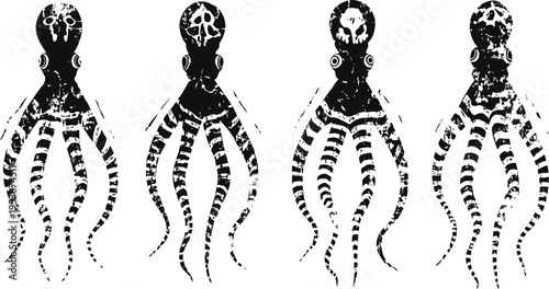 four black and white octopus illustrations showing top and side views with detailed tentacles and heads