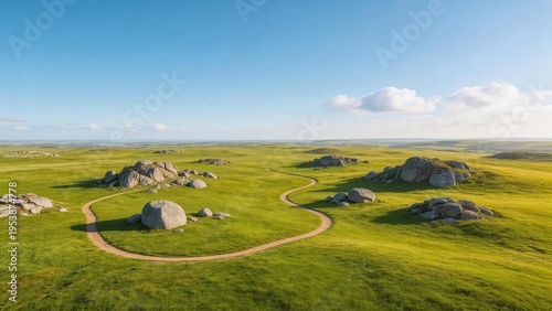 Grassy field with winding path and rocks