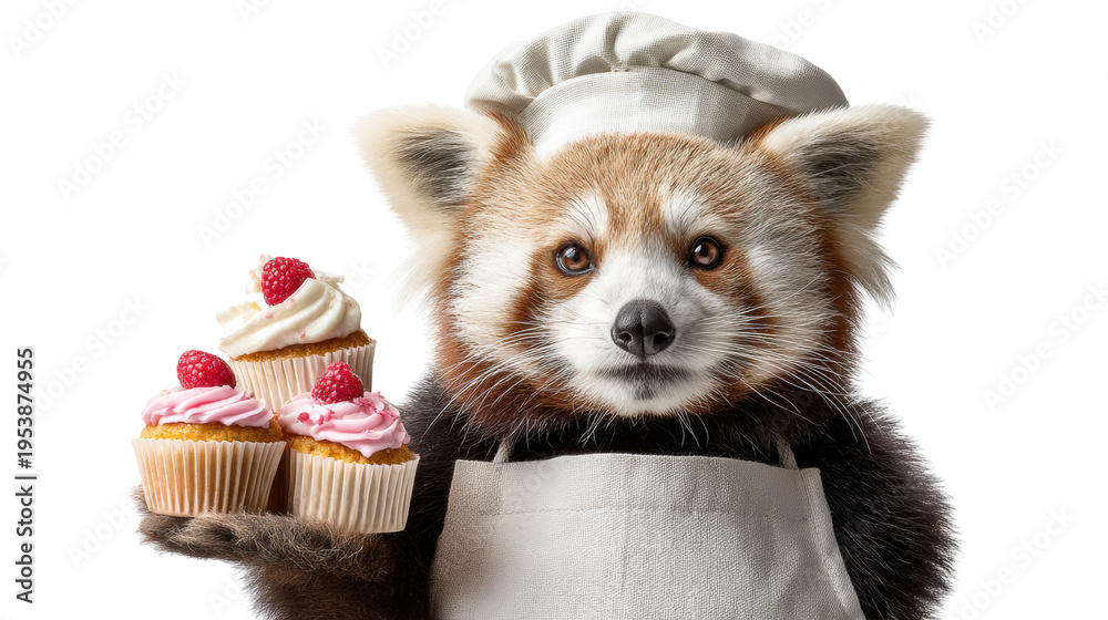 Obraz premium Red panda pastry chef in white hat and apron holding raspberry cupcakes isolated on transparent background