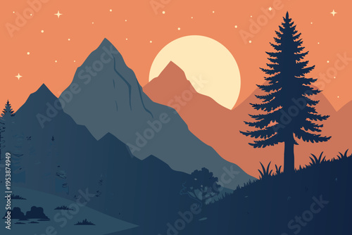 Serene mountain landscape with a large moon and silhouetted trees