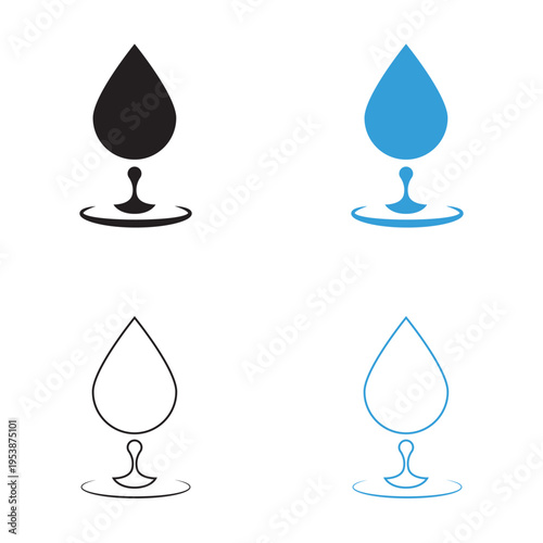 Water Drop Icons Outline Black and Blue Set. Minimal set of water droplet icons in outline, solid black, and blue styles, representing liquid, hydration, purity, and design elements.
