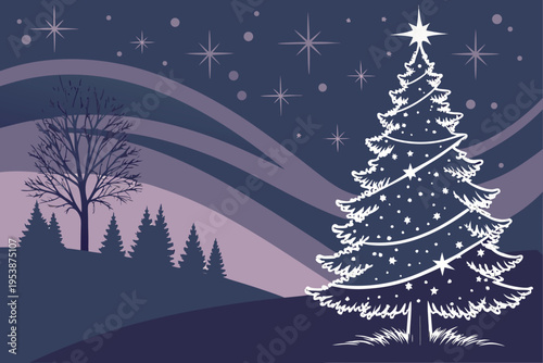 Winter night scene featuring a decorated christmas tree and landscape
