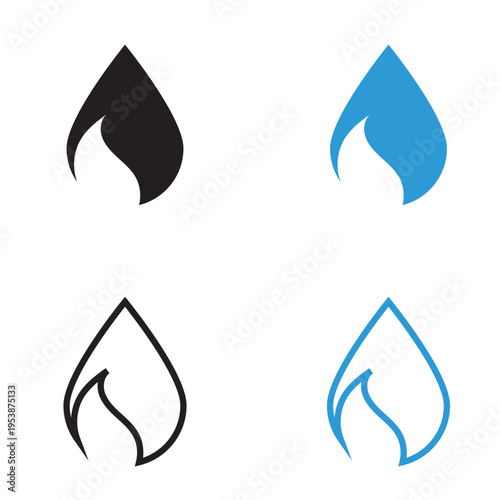 Water Drop Icons Outline Black and Blue Set. Minimal set of water droplet icons in outline, solid black, and blue styles, representing liquid, hydration, purity, and design elements.