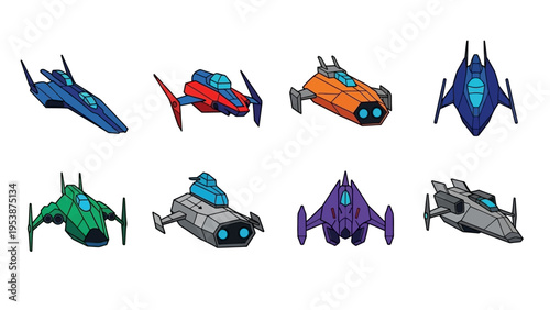 Set of futuristic cartoon spaceships, vector illustration