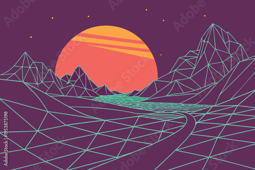 Retro wave landscape with polygonal mountains and a vibrant sunset