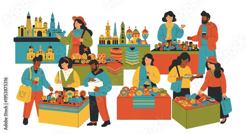 People browsing artisan goods at outdoor market stalls illustration