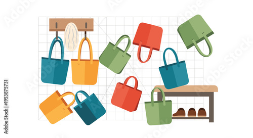 Ten colorful tote bags are displayed on a white background with a wooden rack and bench.