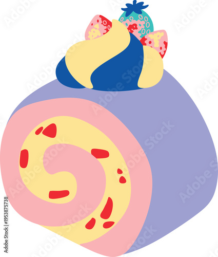 Strawberry Swiss Roll Cake Illustration