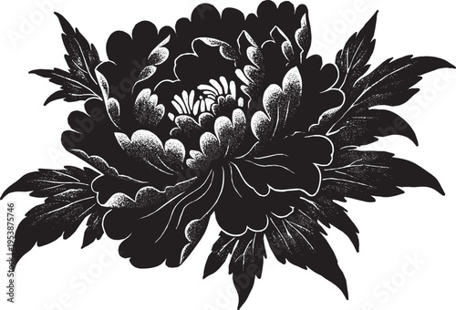 Peony flower, tattoo stencil design, vector illustration